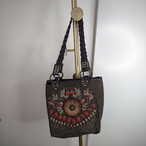 Randolph Duke The Look Breaded Tote Shoulder Handbag Brown Cotton Leather Trim